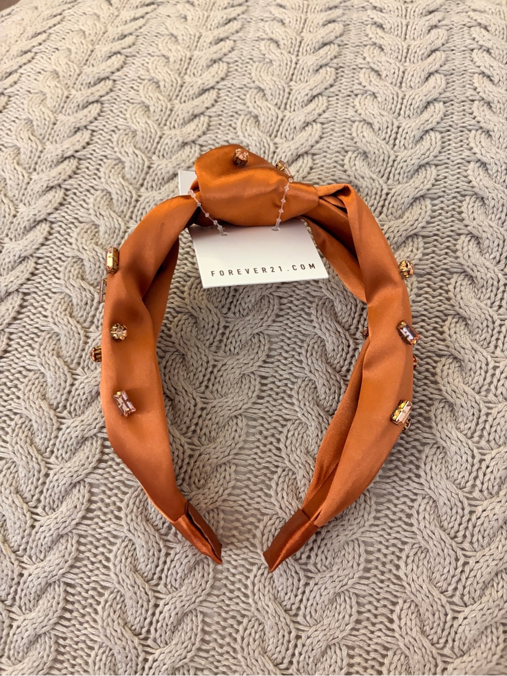 Forever 21 Satin Knotted Headband with Amber Gem Accents - Rust Orange
